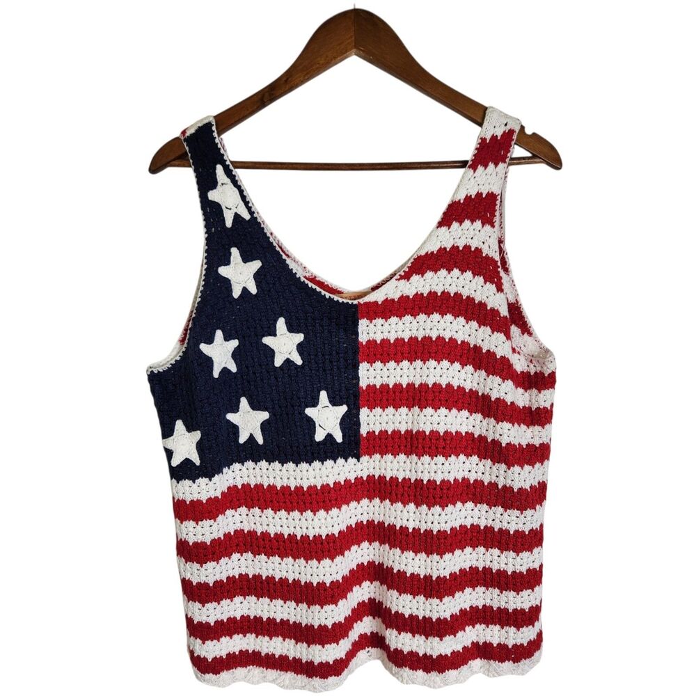 Jollidays American Flag Boho Crochet Knit Tank Festival Rodeo Cowgirl Size L